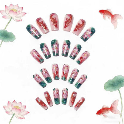 Nail Art Design with Water Lily and Koi Fish Motif