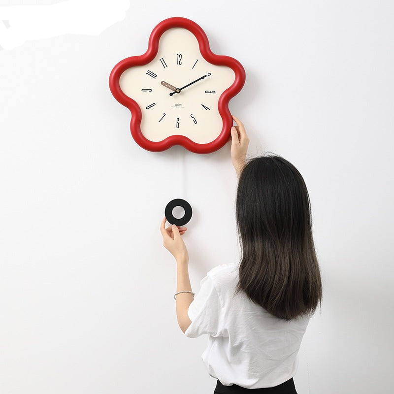 Silent Pendulum Wall Clock with 3D Floral Design for Bedroom Decor