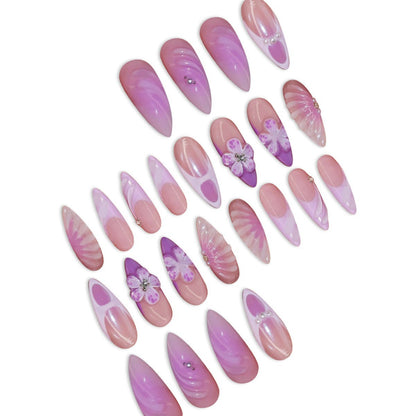 Floral and Gemstone Accent Press-On Stiletto Nail Art