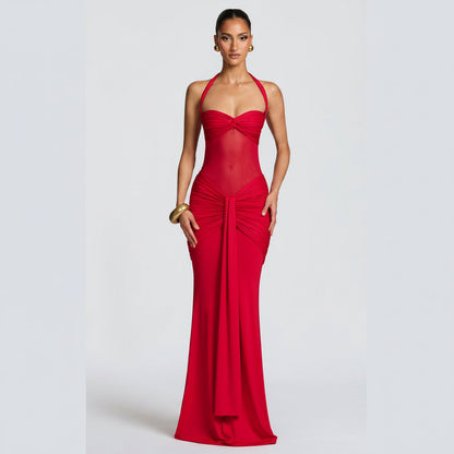 Long Sleeveless Bodycon Maxi Dress with Mesh Fishtail Design for Parties