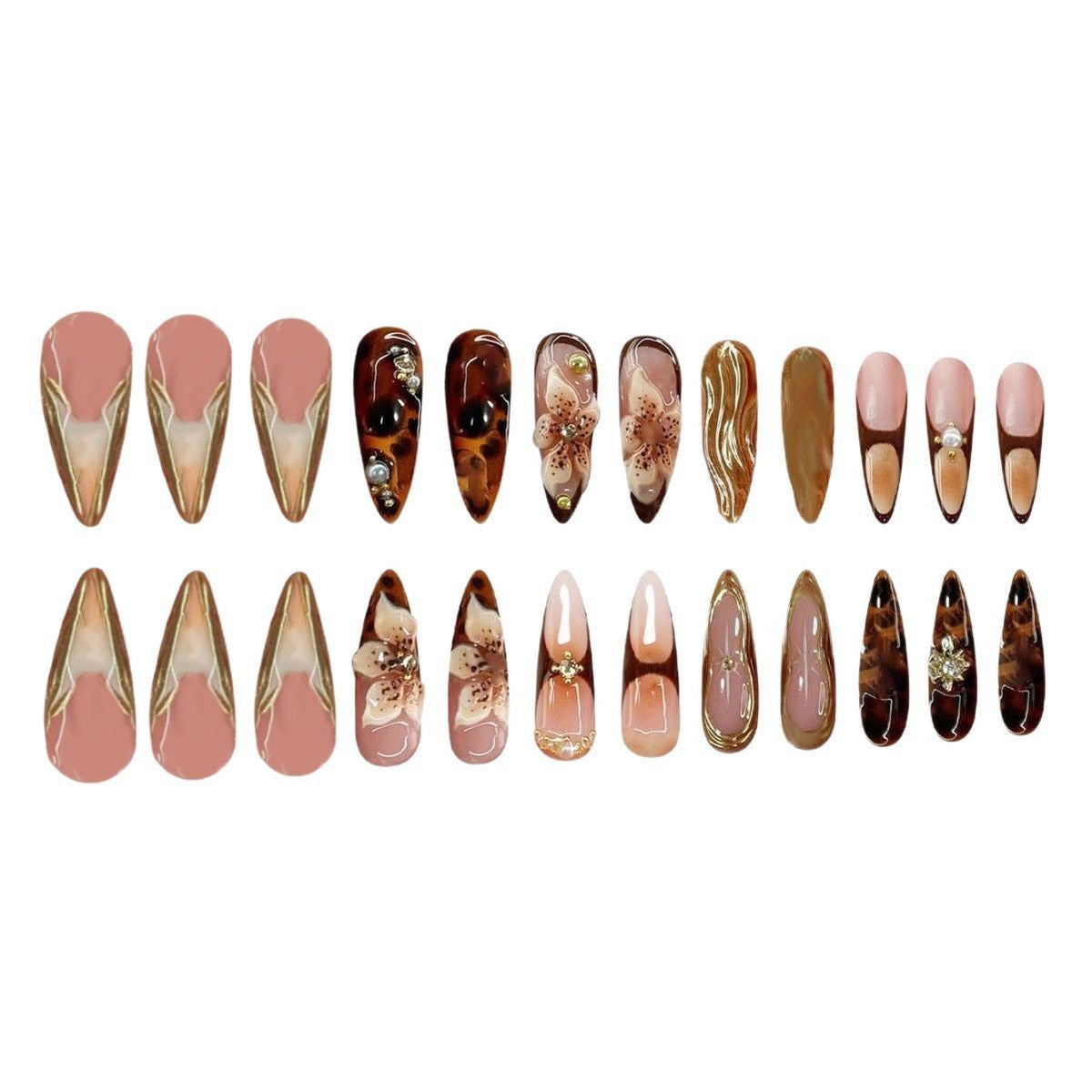 Floral and Gemstone Accent Press-On Stiletto Nail Art