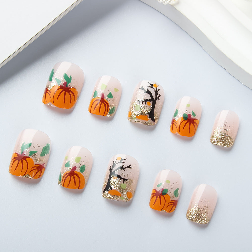 Press-On Nails with Autumn Pumpkin Design