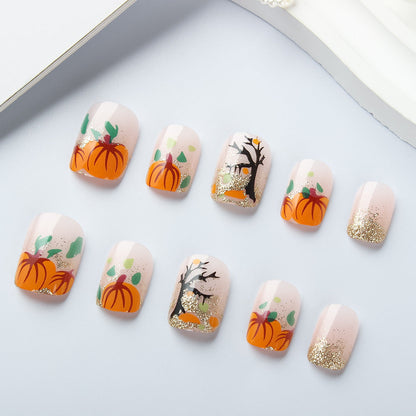 Press-On Nails with Autumn Pumpkin Design
