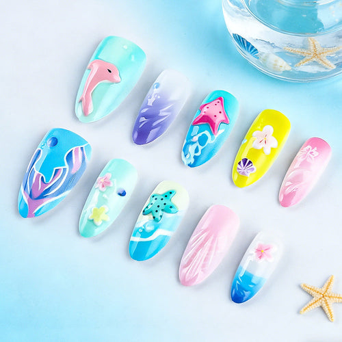 Press-On Nail Art Set with 3D Seaside Design