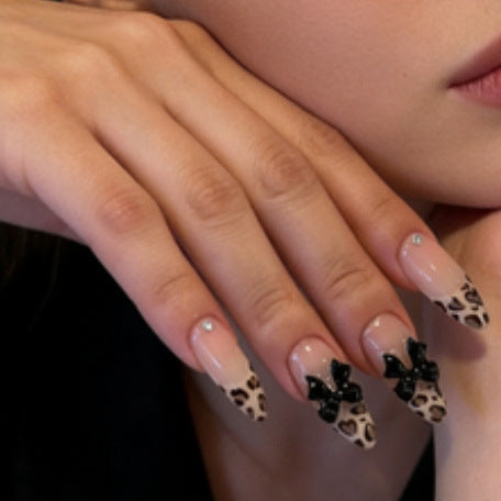 Leopard Print Press-On Nail Kit with Bow Decorations