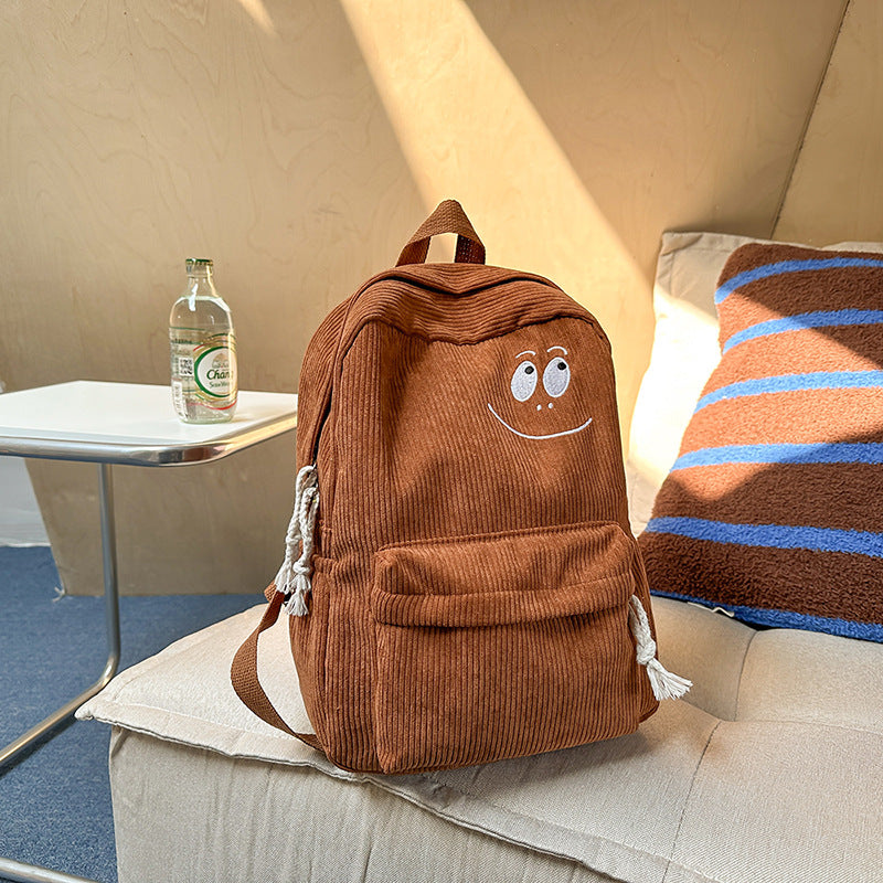 Embroidered Smile Corduroy Backpack – Cute and Functional Bag