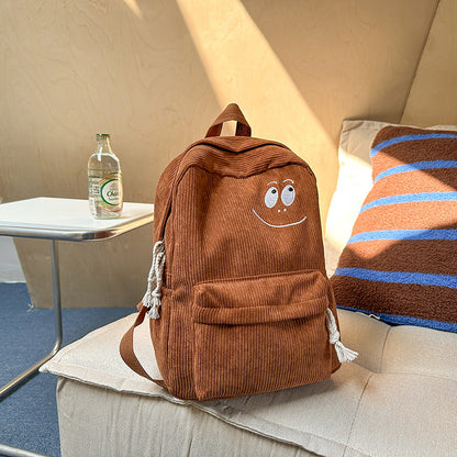 Embroidered Smile Corduroy Backpack – Cute and Functional Bag