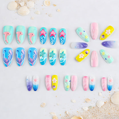 Press-On Nail Art Set with 3D Seaside Design