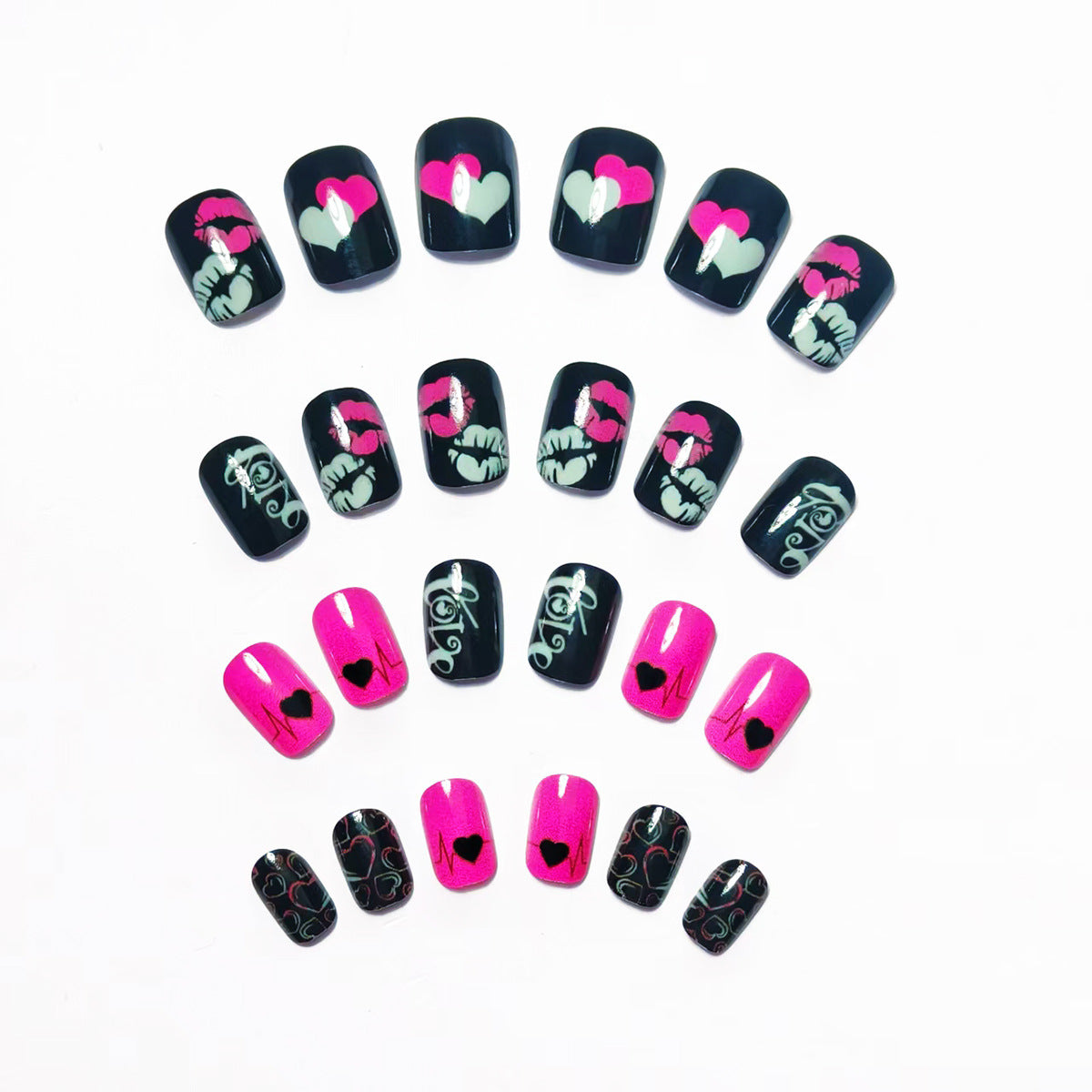 Hearts and Kiss Motifs Acrylic Nail Art Design