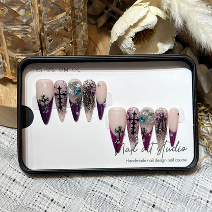 Stiletto Press-On Nails Set with Floral and Gemstone Accents
