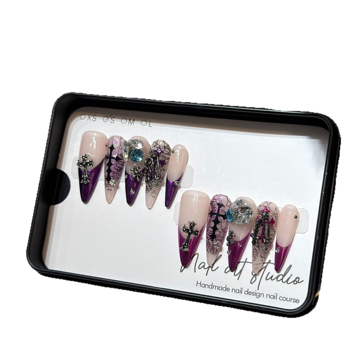 Stiletto Press-On Nails Set with Floral and Gemstone Accents