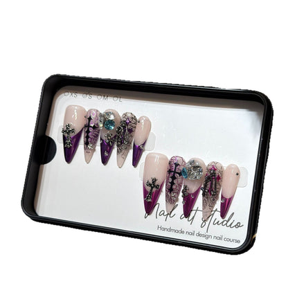 Stiletto Press-On Nails Set with Floral and Gemstone Accents