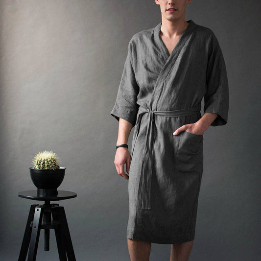 Casual Linen Bathrobe for Men with Pockets and Belt