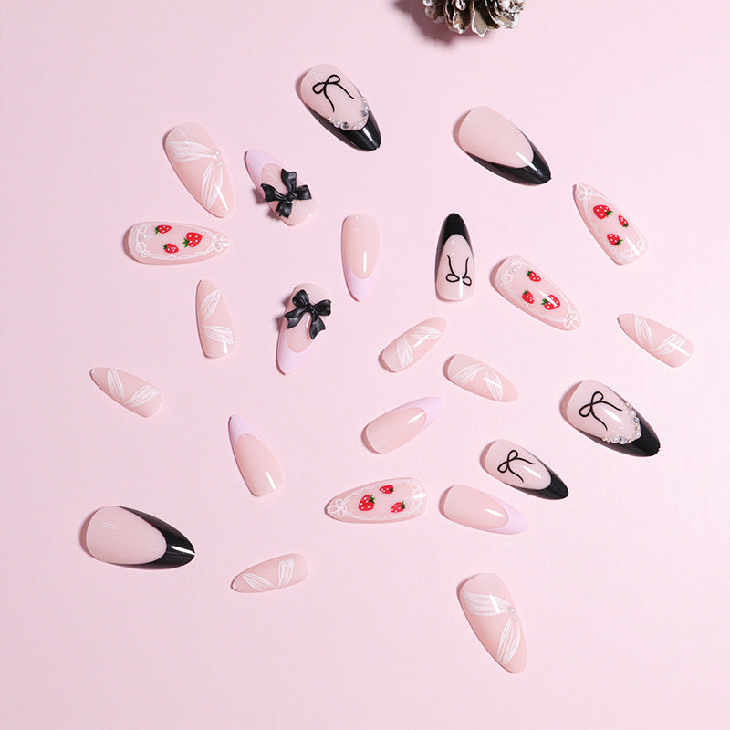 Press-On Nail Set Featuring Bow and Berry Pattern