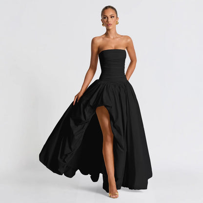 Solid Color Bodycon Maxi Dress with Ruched Design – Strapless Summer Wear