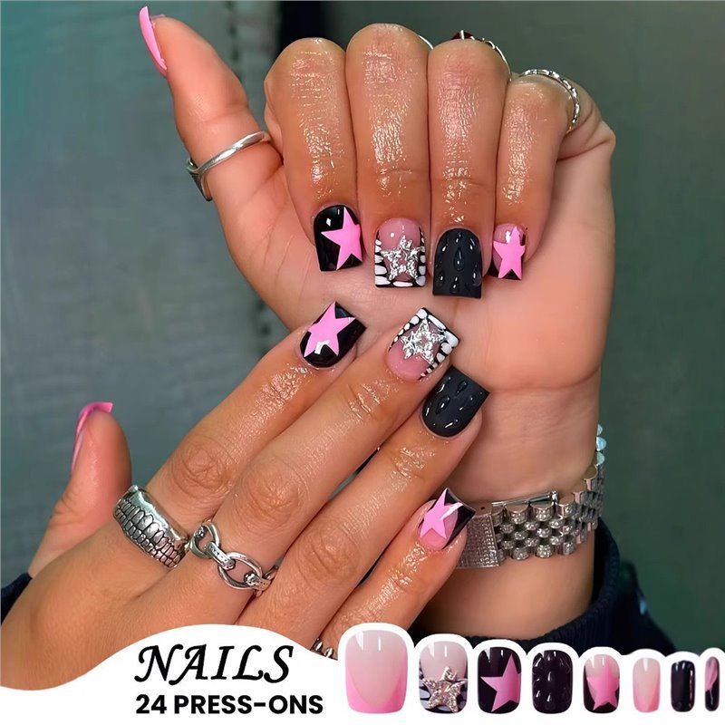 Press-On Nail Kit Featuring Star and Gem Decorations