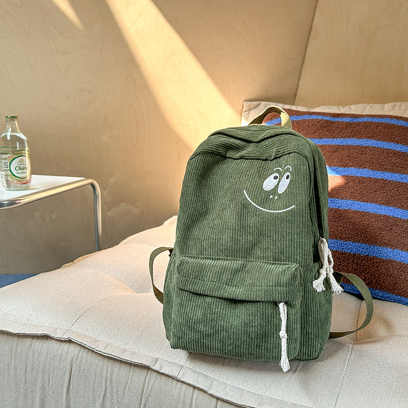 Embroidered Smile Corduroy Backpack – Cute and Functional Bag
