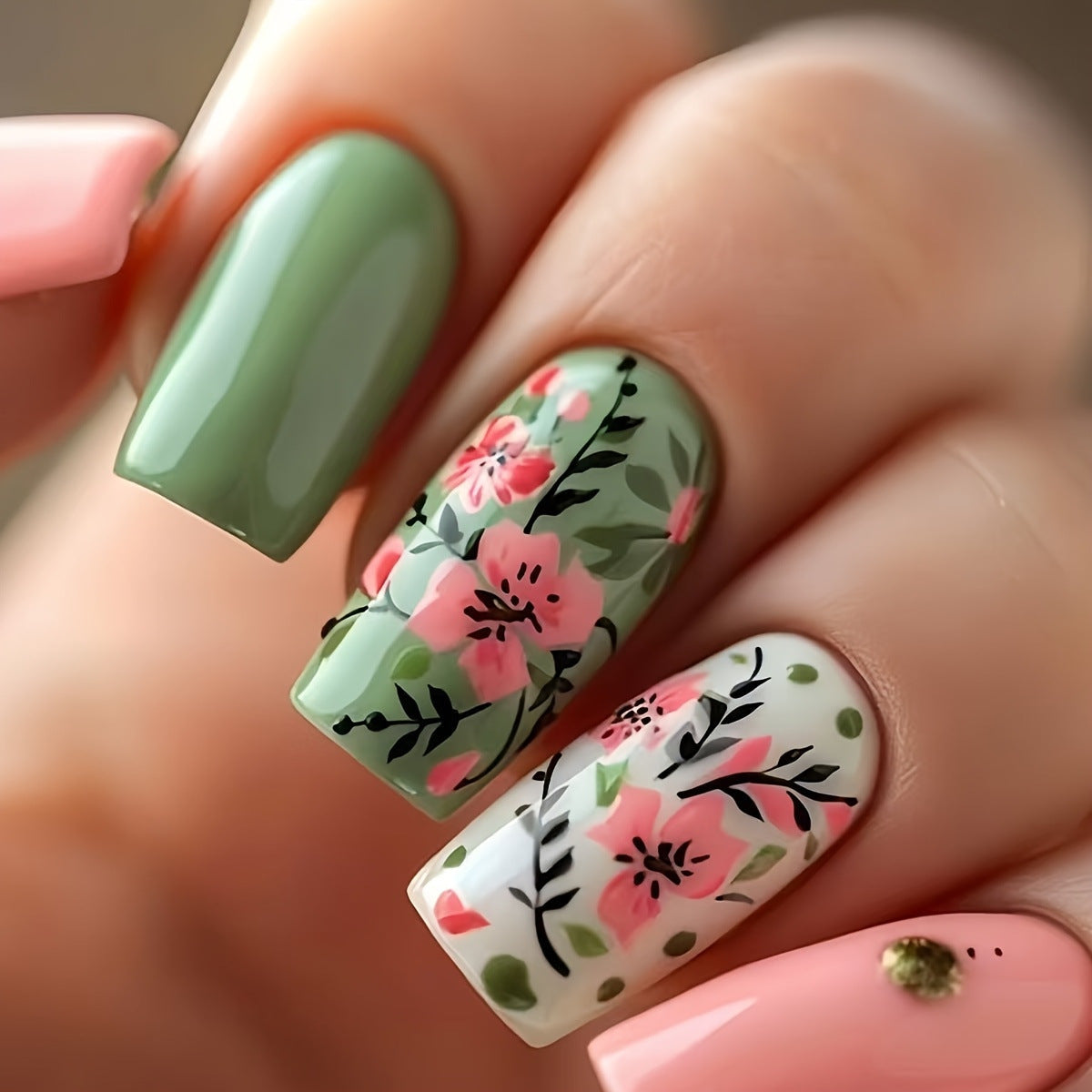 Nail Art Kit with Floral Design Press-On Nails