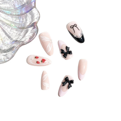 Press-On Nail Set Featuring Bow and Berry Pattern