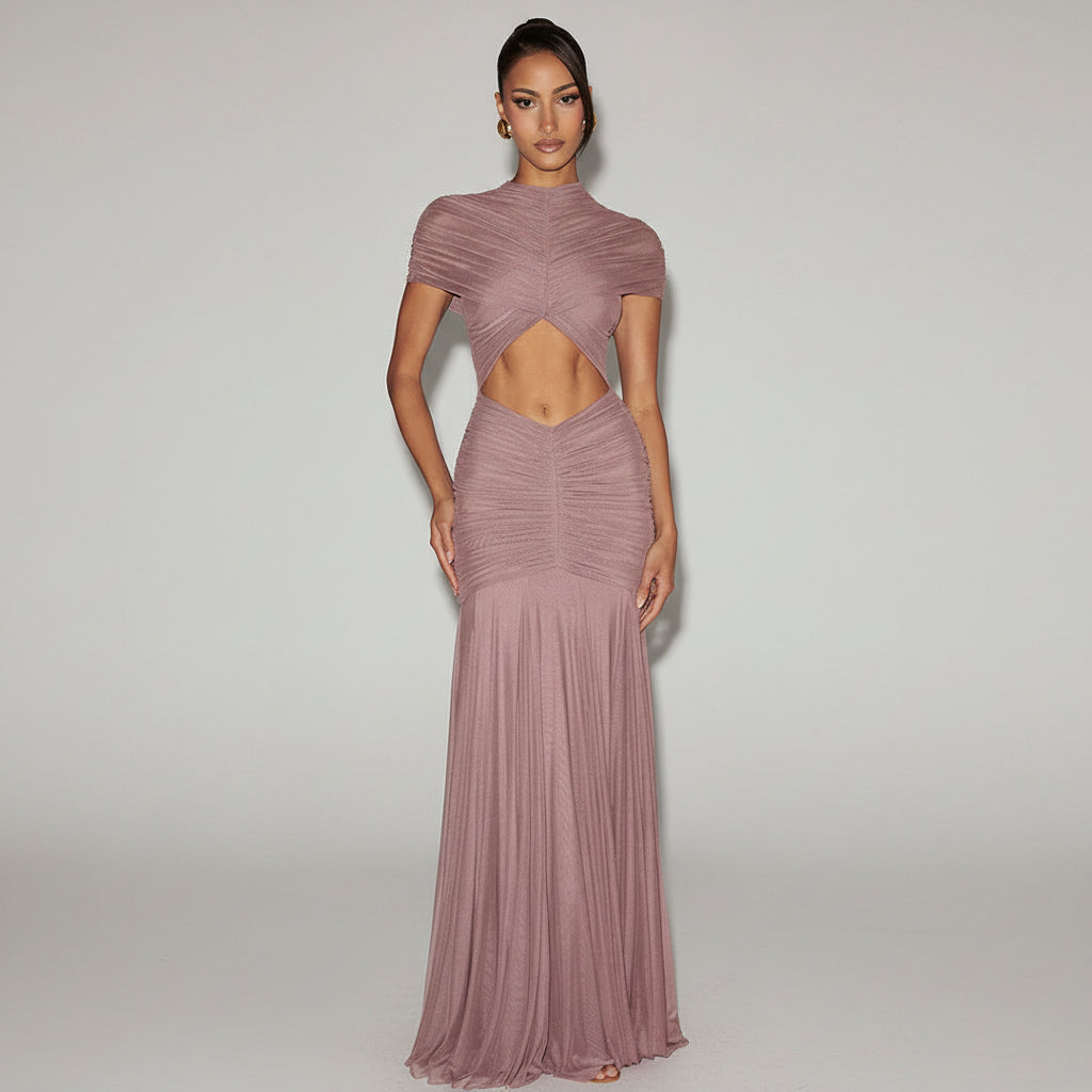 Long Ruched Cut Out Dress for Women - Bodycon Style for Parties