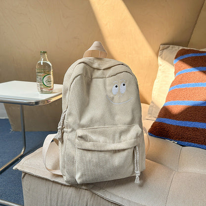 Embroidered Smile Corduroy Backpack – Cute and Functional Bag