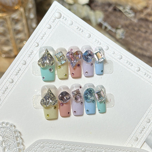 Gemstone Embellished Press-On Nail Set – Artistic Design