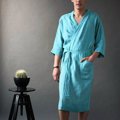 Casual Linen Bathrobe for Men with Pockets and Belt