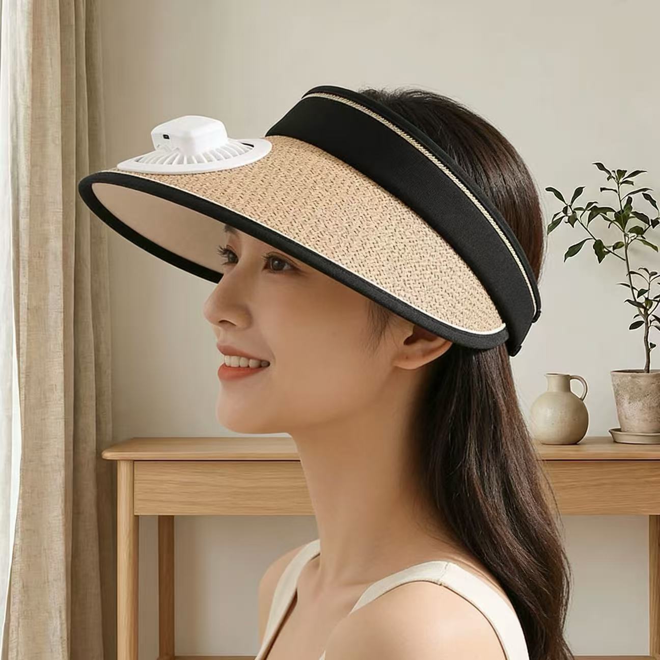 Straw Hat with Detachable Battery Fan and Elastic Headband – Air-Cooled