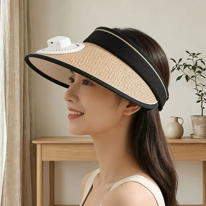 Straw Hat with Detachable Battery Fan and Elastic Headband – Air-Cooled