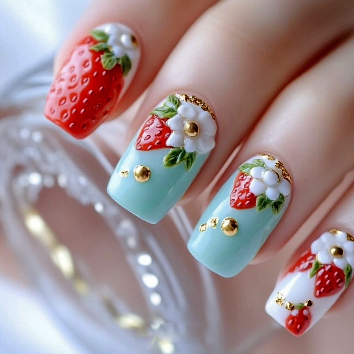 Artistic Acrylic Nail Extensions in Floral Strawberry Design
