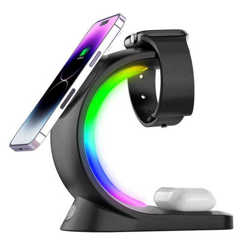 4-in-1 Wireless Charging Station with Atmosphere Light for Smartphones, AirPods Pro, and Apple Watch