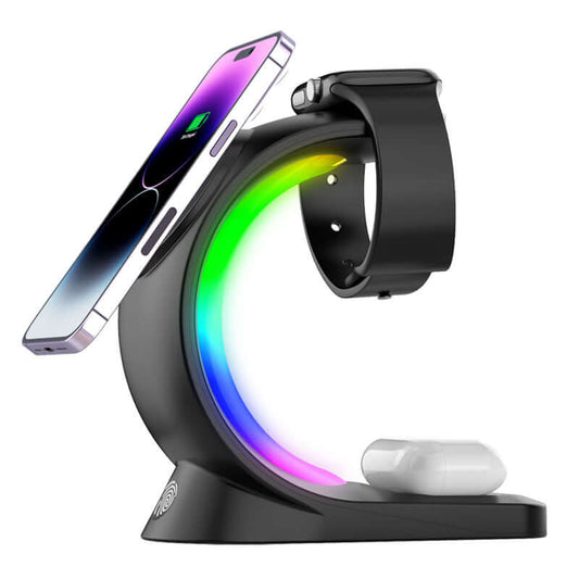 4-in-1 Wireless Charging Station with Atmosphere Light for Smartphones, AirPods Pro, and Apple Watch