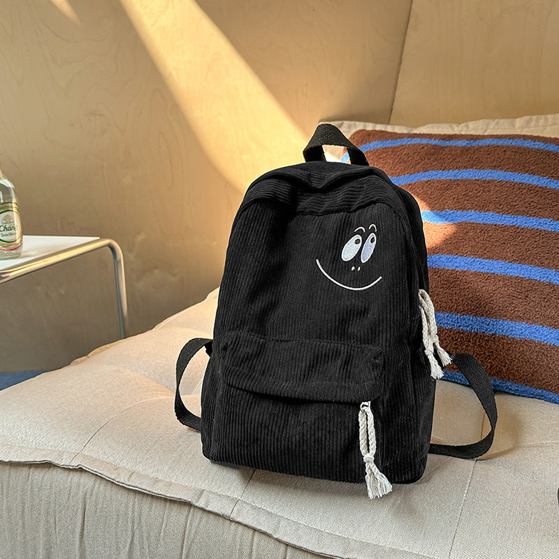 Embroidered Smile Corduroy Backpack – Cute and Functional Bag