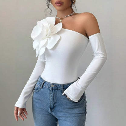 Asymmetrical Long Sleeve Bodysuit – Elegant One Shoulder Party Top