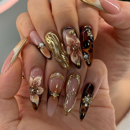 Floral and Gemstone Accent Press-On Stiletto Nail Art