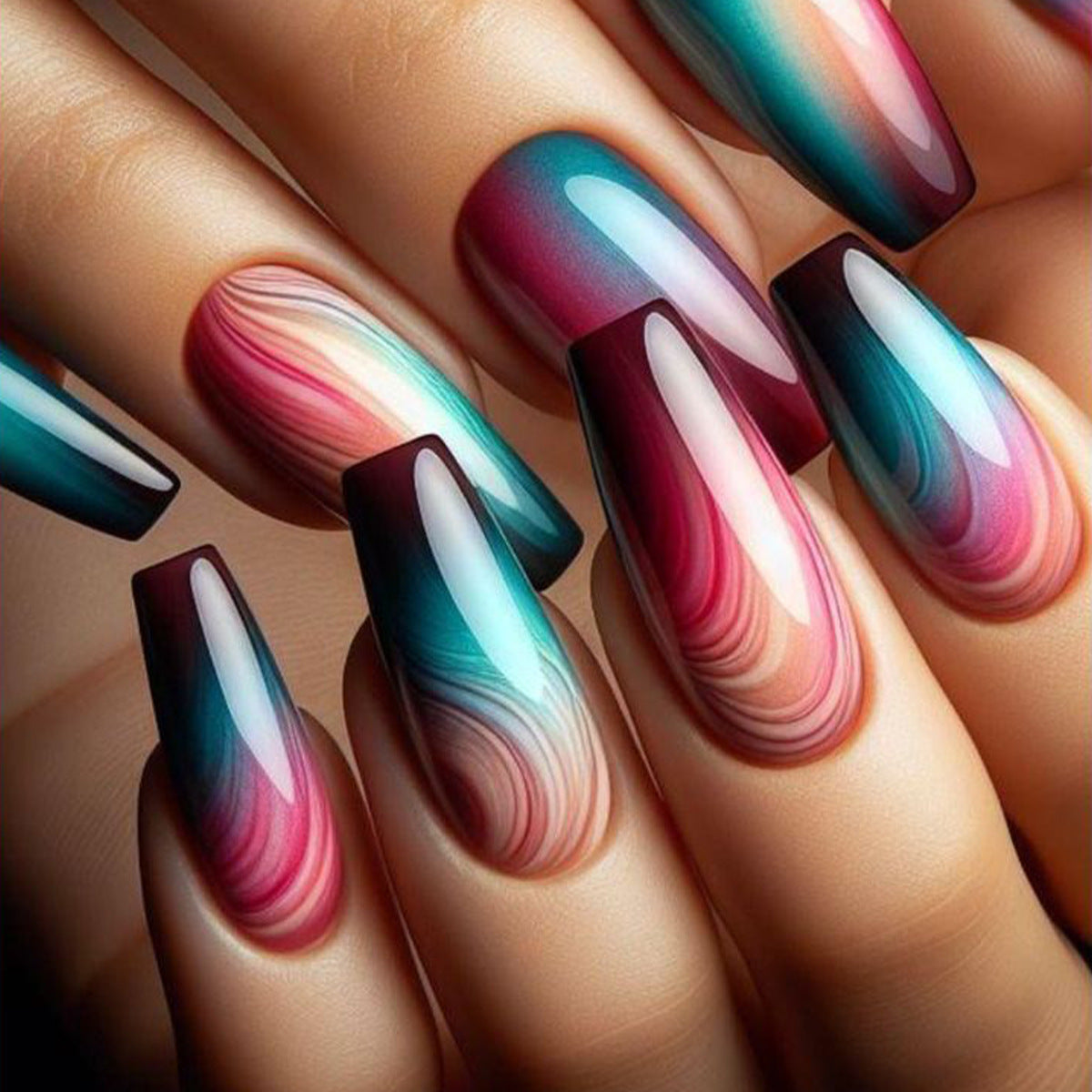 Ombre Press-On Nails with Artistic Design