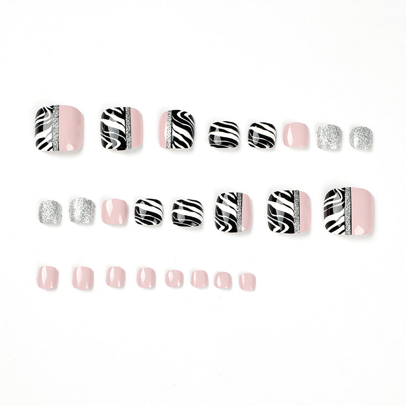 Zebra Pattern Glitter Toenail Art Design
