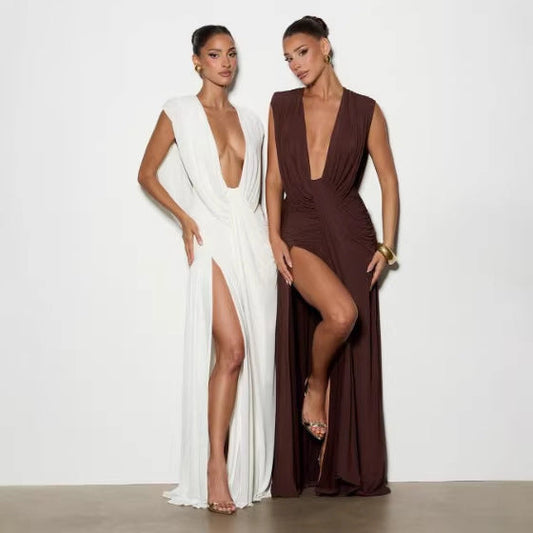 Asymmetrical Bodycon Midi Dress with Deep V Neck and Ruched Detail