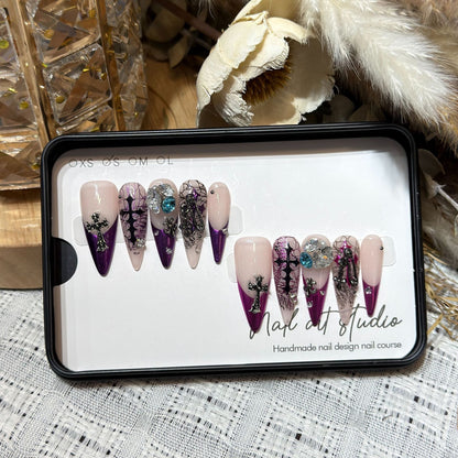 Stiletto Press-On Nails Set with Floral and Gemstone Accents