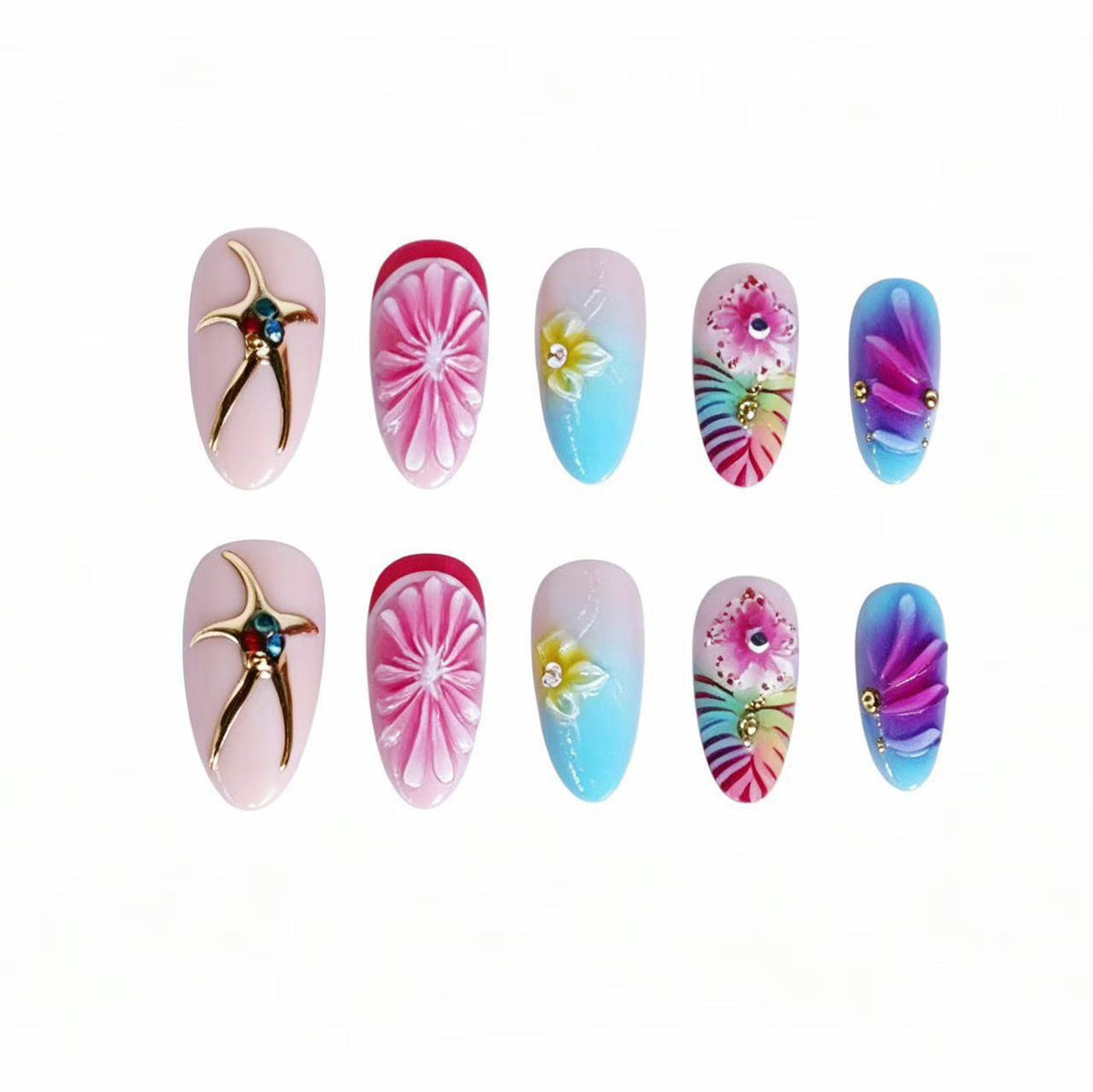 Floral 3D Design Press-On Nail Set – Artistic Style