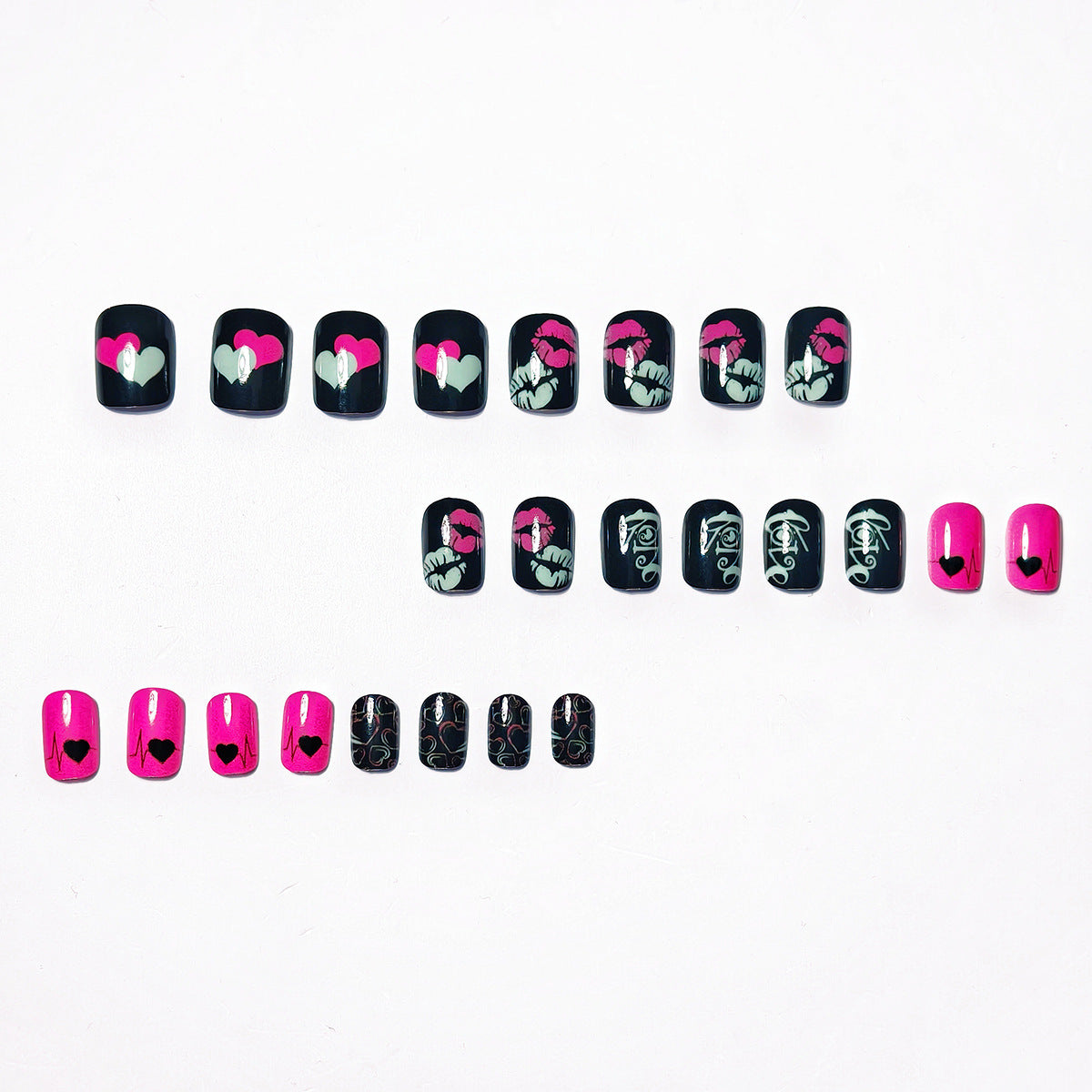 Hearts and Kiss Motifs Acrylic Nail Art Design