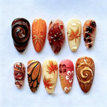 Artistic Press-On Nail Set with Autumn Theme