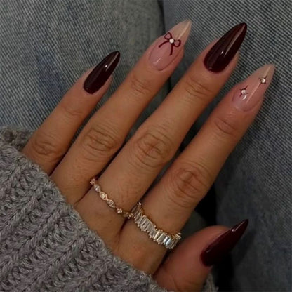 Decorative Nail Art Set with Press-On Design, Bow, and Crystal Details