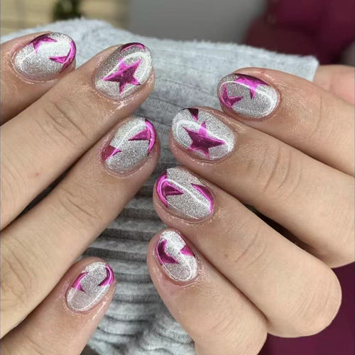 Press-On Nails Featuring Star and Glitter Patterns