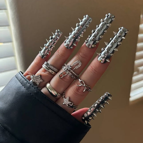 Spiked Press-On Nails with Artistic Design