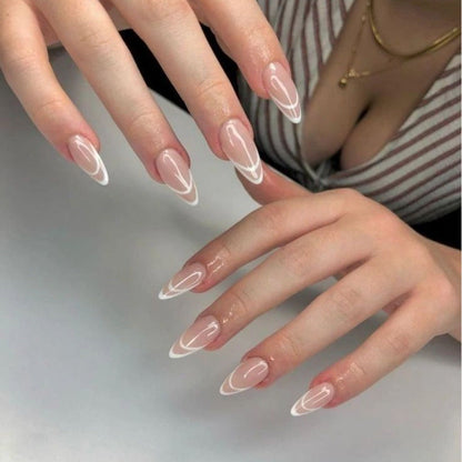 Curved French Tip Press-On Nails in Almond Shape