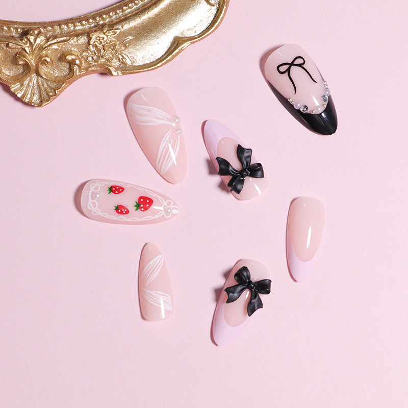Press-On Nail Set Featuring Bow and Berry Pattern