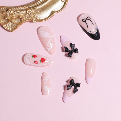 Press-On Nail Set Featuring Bow and Berry Pattern