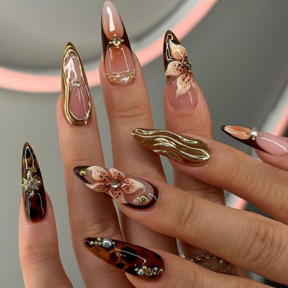 Floral and Gemstone Accent Press-On Stiletto Nail Art