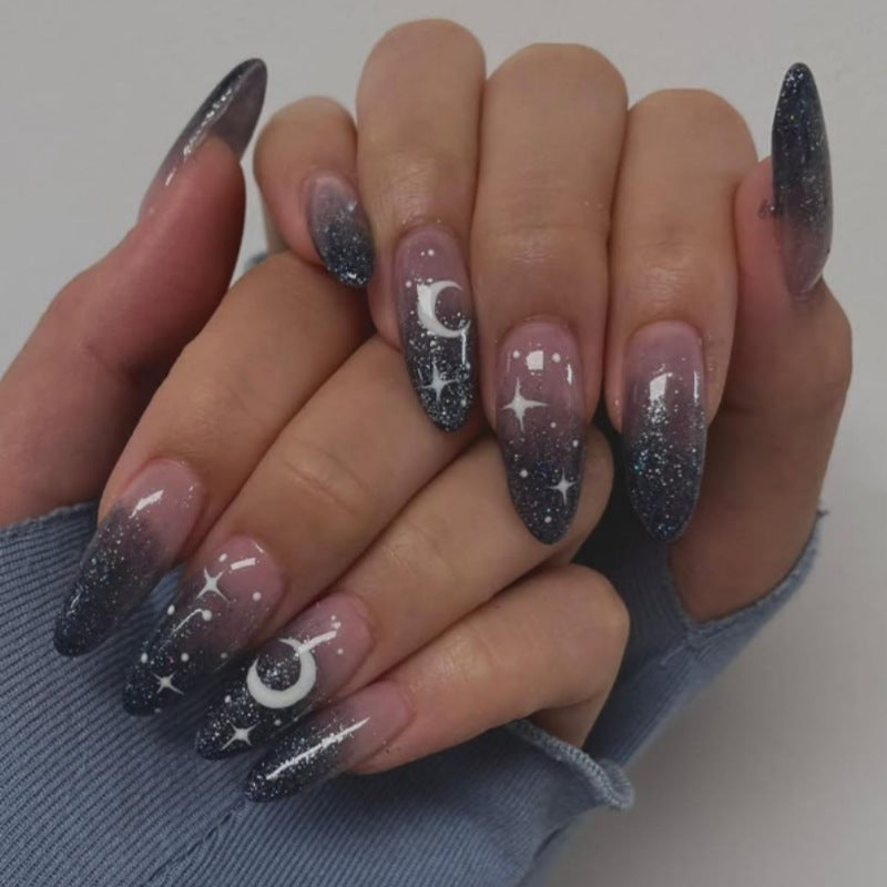 Ombre Press-On Nail Set Featuring Celestial Art Design